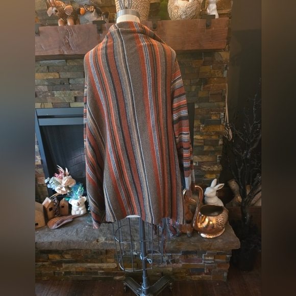 Striped Fringe Shawl in Brown and Orange - Picture 2 of 3